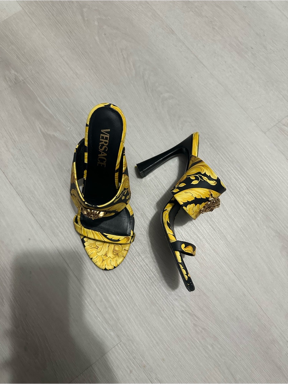 Versace Black and Yellow Baroque Slide Sandals with Medusa Accent